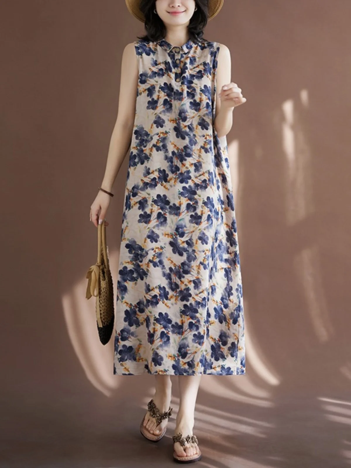 ชุดเดรสทรงเอไลน์ผ้าฝ้ายลินินพิมพ์ลายดอกไม้สไตล์จีนย้อนยุคสำหรับฤดูร้อน ทรงหลวม ใส่สบาย เหมาะสำหรับสาวพลัสไซส์