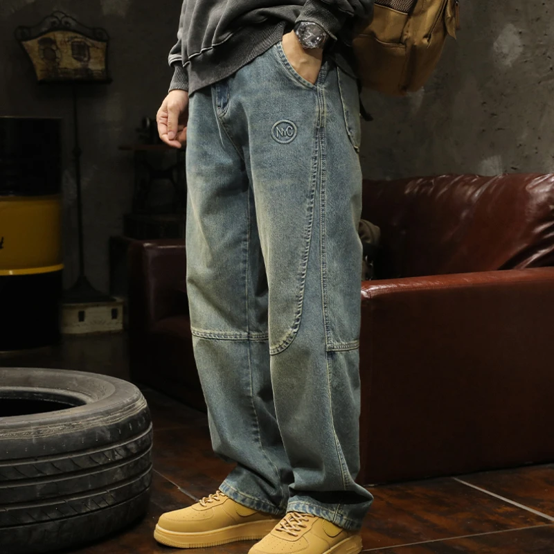 

American retro high street straight leg loose casual pants jeans men spring and autumn trend all new long pants