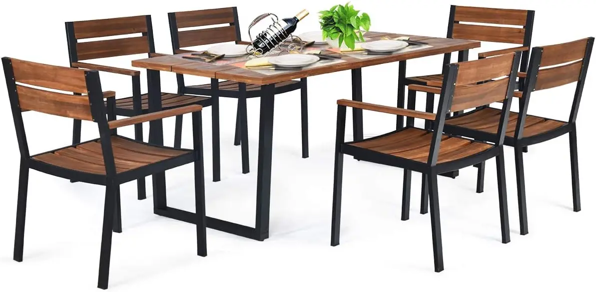 6 Heavy Duty Acacia Armrest Chairs and Rectangle Table Set, Suitable for Deck Lawn Garden Poolside and Backyard