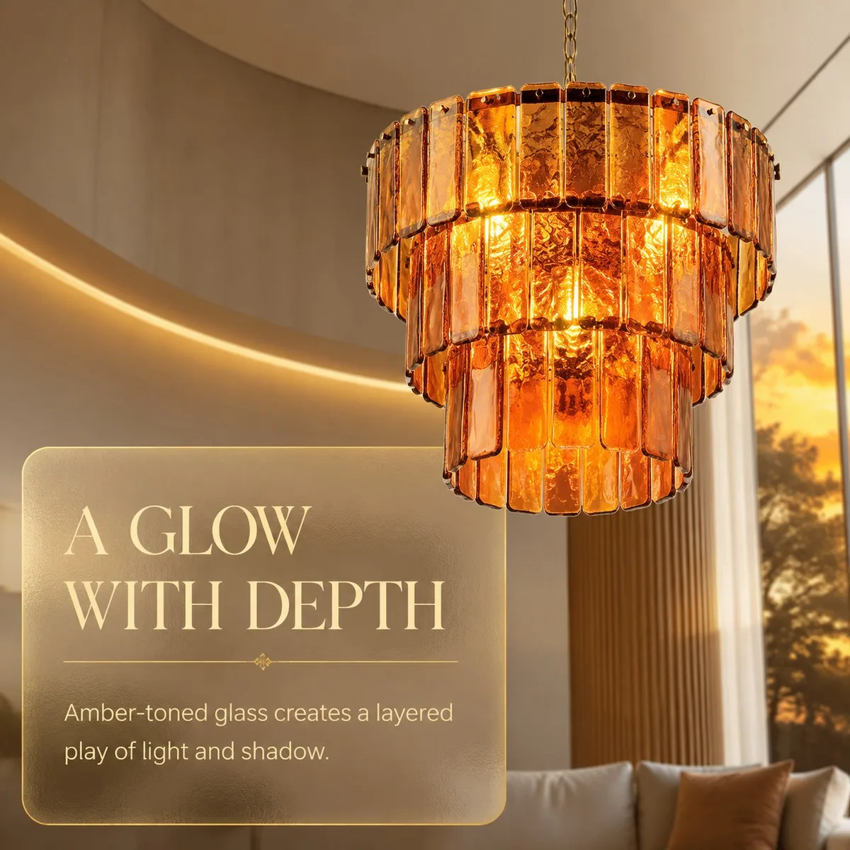 Mid Century 2026 Latest Chandelier Textured Amber Glass Triple Tier Structure Adjustable Chain Warm Amber Gold for Living Room