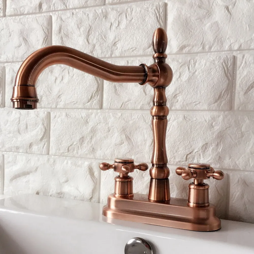 Antique Red Copper Basin Vanity Sink Faucet Double Handle Bathroom Mixer Deck Mounted 2 Holes Swivel Spout Faucet Nrg050