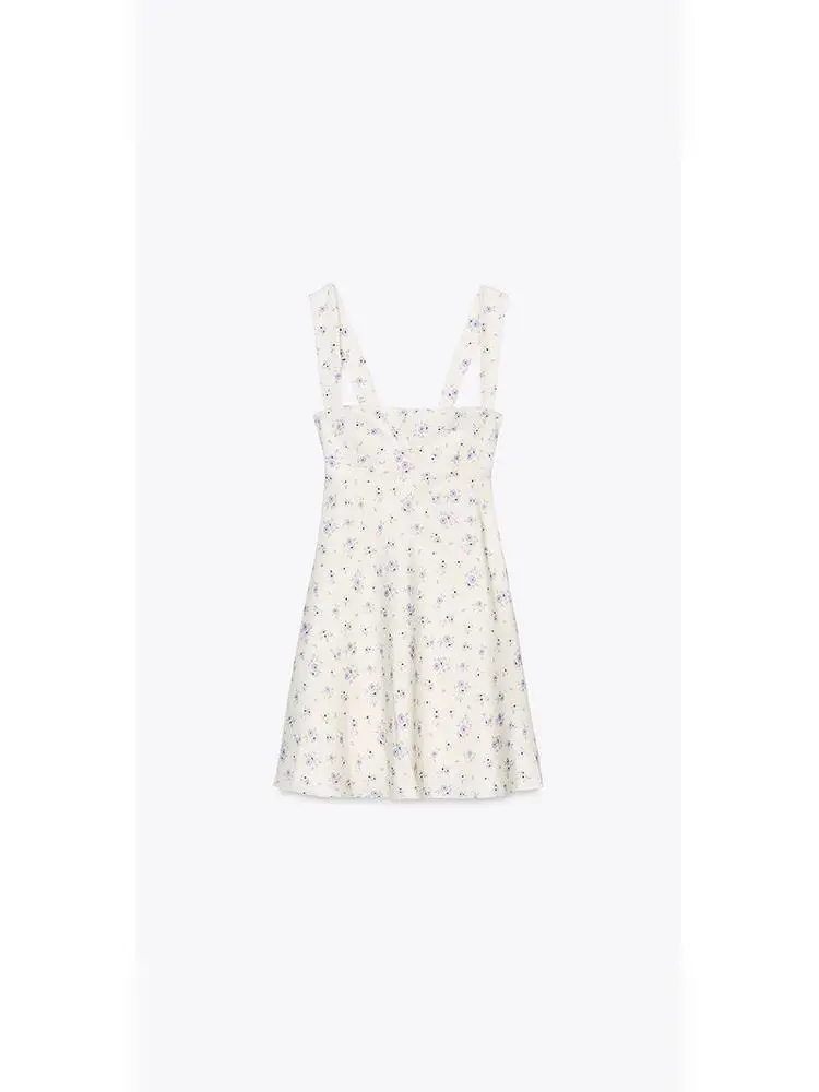 2025년 여름 스위트 프린트 실크 새틴 느낌 플로럴 스퀘어 넥 스트랩 드레스 여성 패션 하이웨이스트 A라인 스커트 드레스