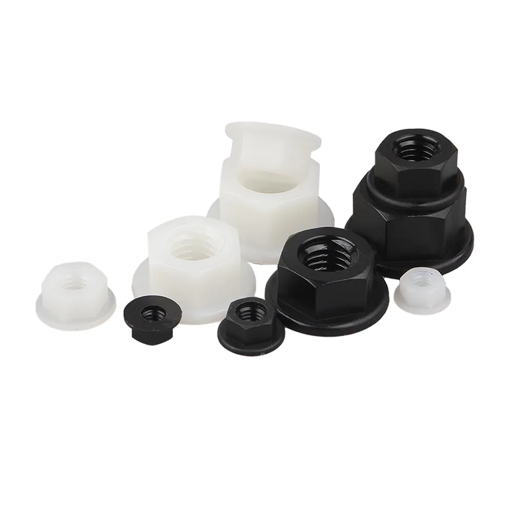 10/50pcs M3 M4 M5 M6 M8 M10 M12 Black White Flat Bottom PA66 Plastic Nylon Insulation Hexagonal Hex Head Flange Nut DIN6923