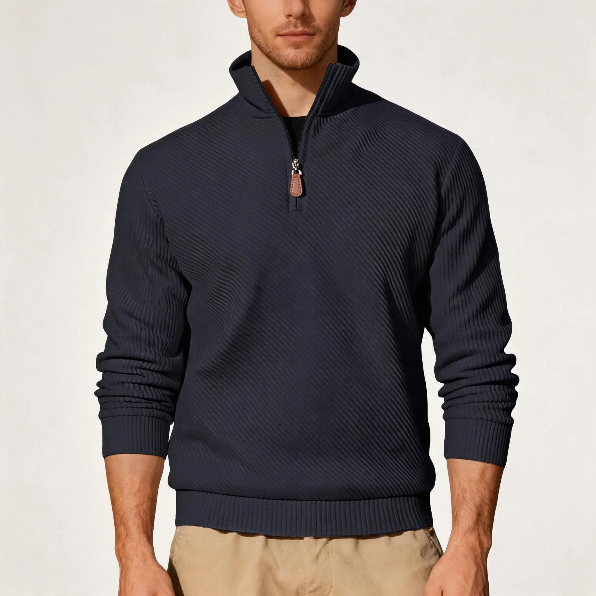 Mens Diagonal Jacquard Textured Quarter Zip Sweater Stand Collar Long Sleeve Half Zip Casual Business Pullover Sweatshirt Tops