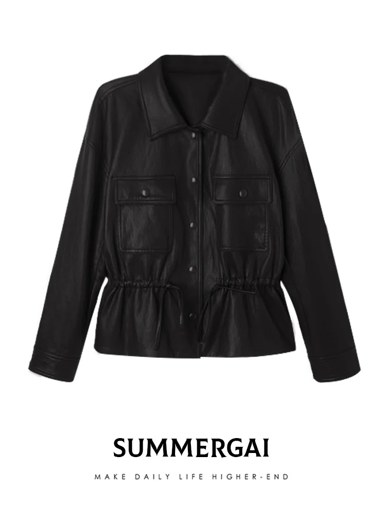 بدلة نسائية من Orta مصنوعة من جلد البولي يوريثان للخريف باللون البني وحزام الخصر الأمريكي Jaet ملابس الشارع الشهير طويلة Sve #2