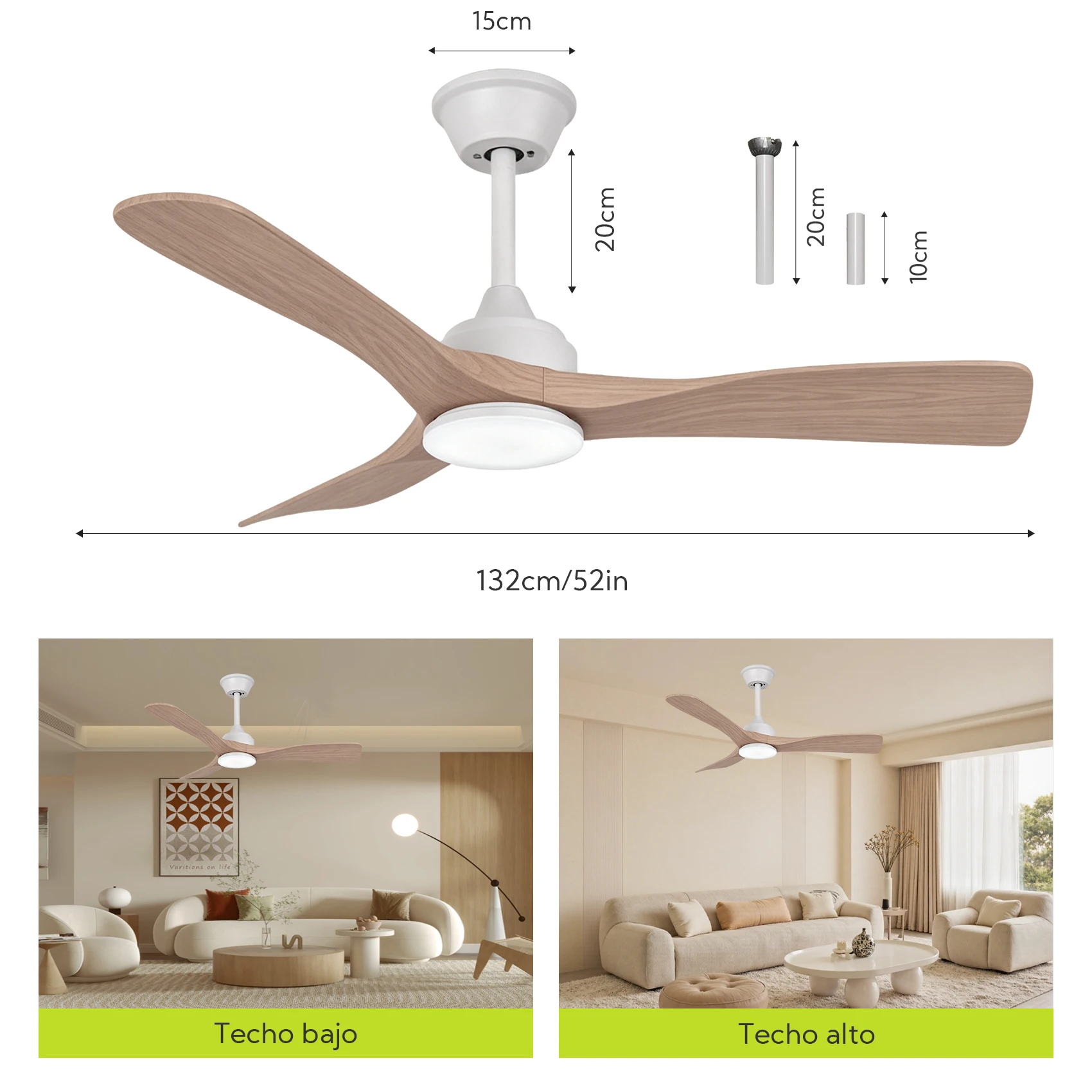 Ventilatorlamp voor een grote woonkamer, 132 cm (52 inch), met een stille DC-motor en afstandsbediening, 3 witte/houten ABS-bladen, dimbare LED-verlichting voor de eetkamer en grote ruimtes.