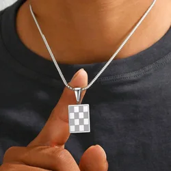 Men's Square Checkered Necklace,Waterproof Stainless Steel Chessboard Pendant,Stylish Male Collar Gift