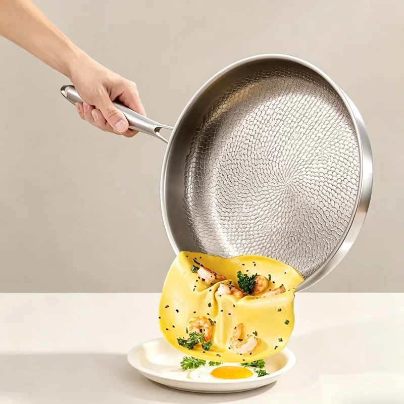 Titanium Stainless Steel Uncoated Frying Pan, Steak Egg Skillet Home Cookware for Induction & Gas Stove