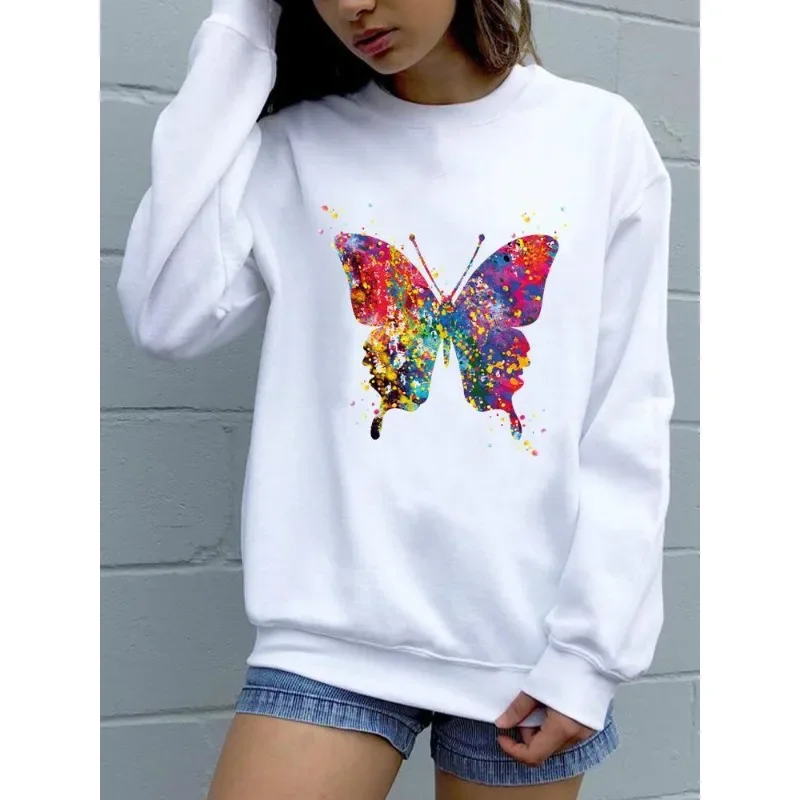 Women\'s Slim Fashion Printed Butterfly White Hoodie Streetwear Women  Sweatshirts  Aesthetic  Sweatshirt