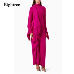 Eightree Chic Fuschia Evening Dresses Long Sleeves Arabic Outfits Prom Gowns Stratch Satin Beach Casual Party Dress Customized