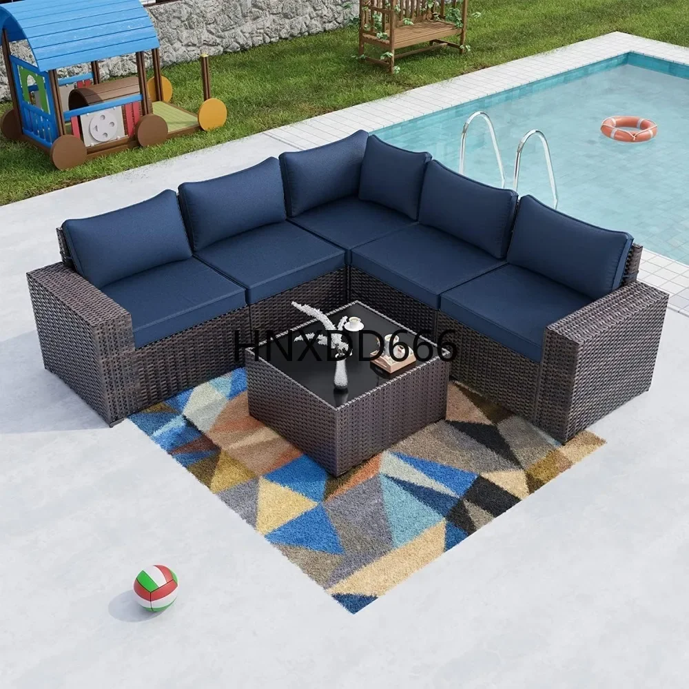 6 Pieces PE Rattan Wicker Patio Conversation with 5 Navy Blue Seat Cushions and 1 Tempered Glass Table,