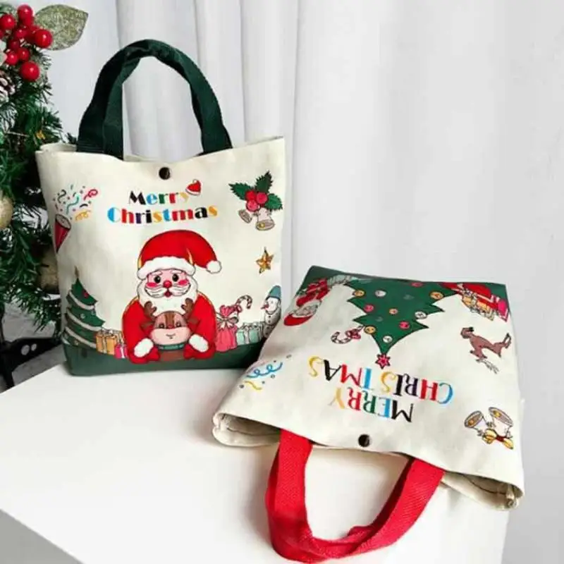 Dual-use Christmas Gift Bag Cartoon Santa Handheld Canvas Bag for Xmas Decor Holiday Present Carrying