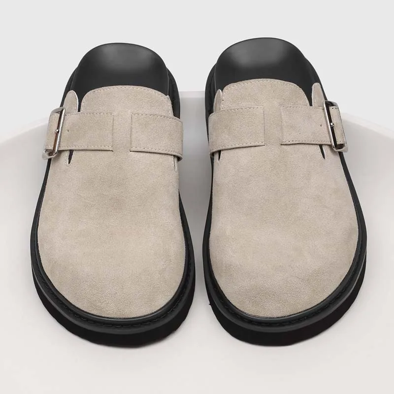 Men New Summer Semi Slippers with Buckle Decoration Imitation Suede Anti Slip Breathable Commuting Lazy Boken Shoes