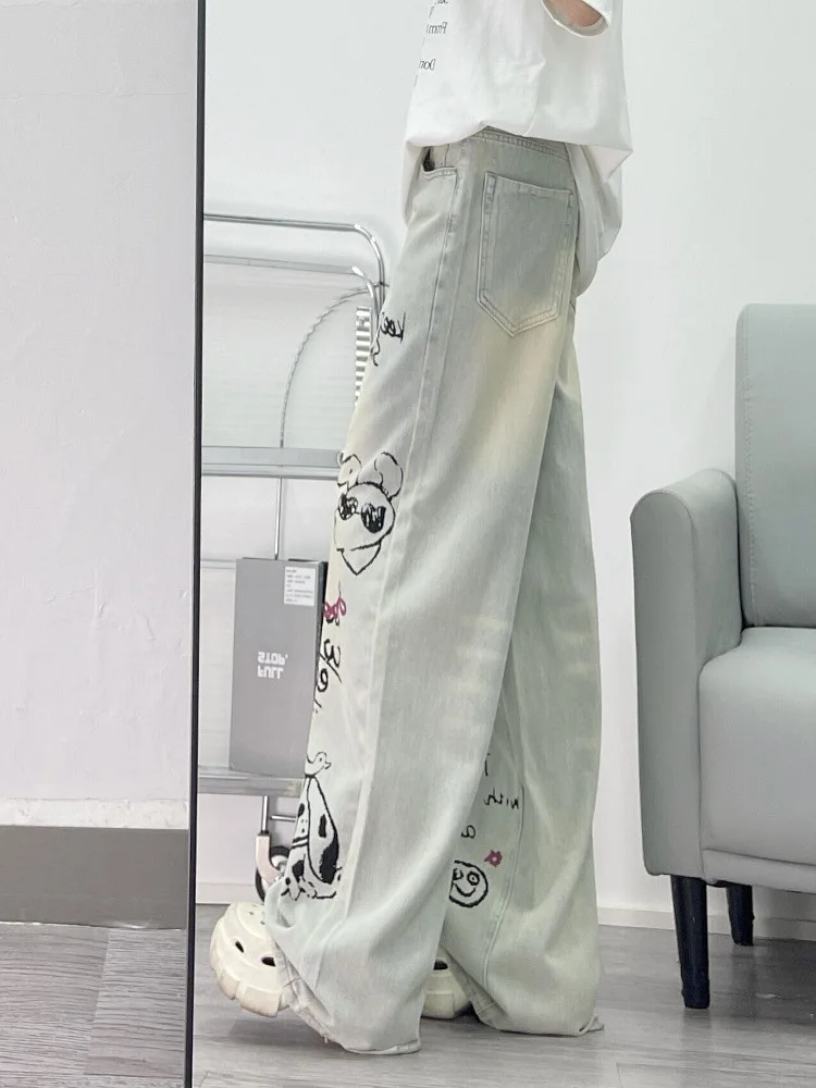 

Spring Autumn High Waist Loose Straight Legged Long Jeans Women's fiti Cartoon Dog Casual Wide Leg Pants Dra