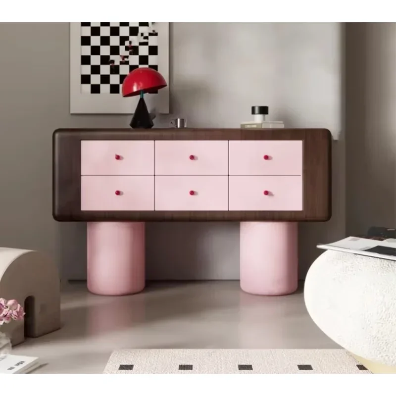 Lindo gabinete de consola de madera, artículos de entrada para el hogar Gabinete de apartamento rosa de seis cajones