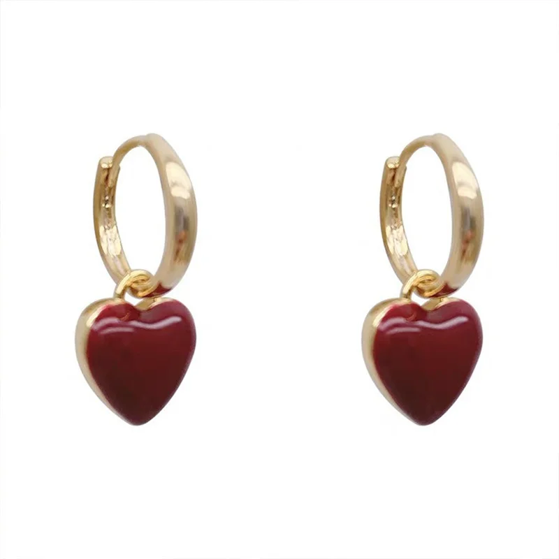 New Simple Design Wine Red Love Heart Dangle Earrings For Women Gold Color Circle Vintage Peach Drop Earring Can Be Separated