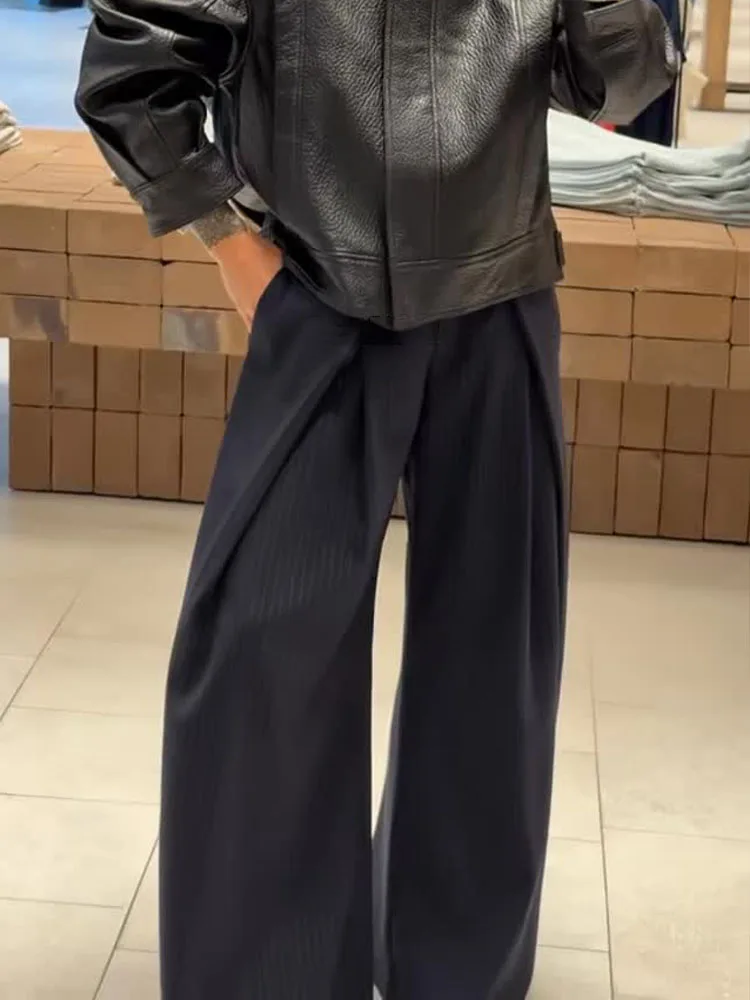 

HH женские повседневные свободные брюки в полоску с плиссированными украшениями на молнии и пуговицах, широкие брюки, женские модные тонкие уличные брюки