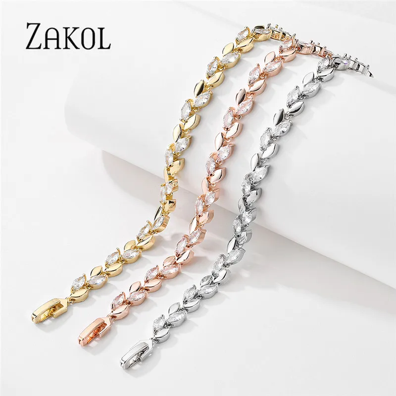 ZAKOL Trendy Charm Marquise Cut Cubic Zirconia Bracelets For Women CZ Leaf Bridal Wedding Party Jewelry Gift BP2252