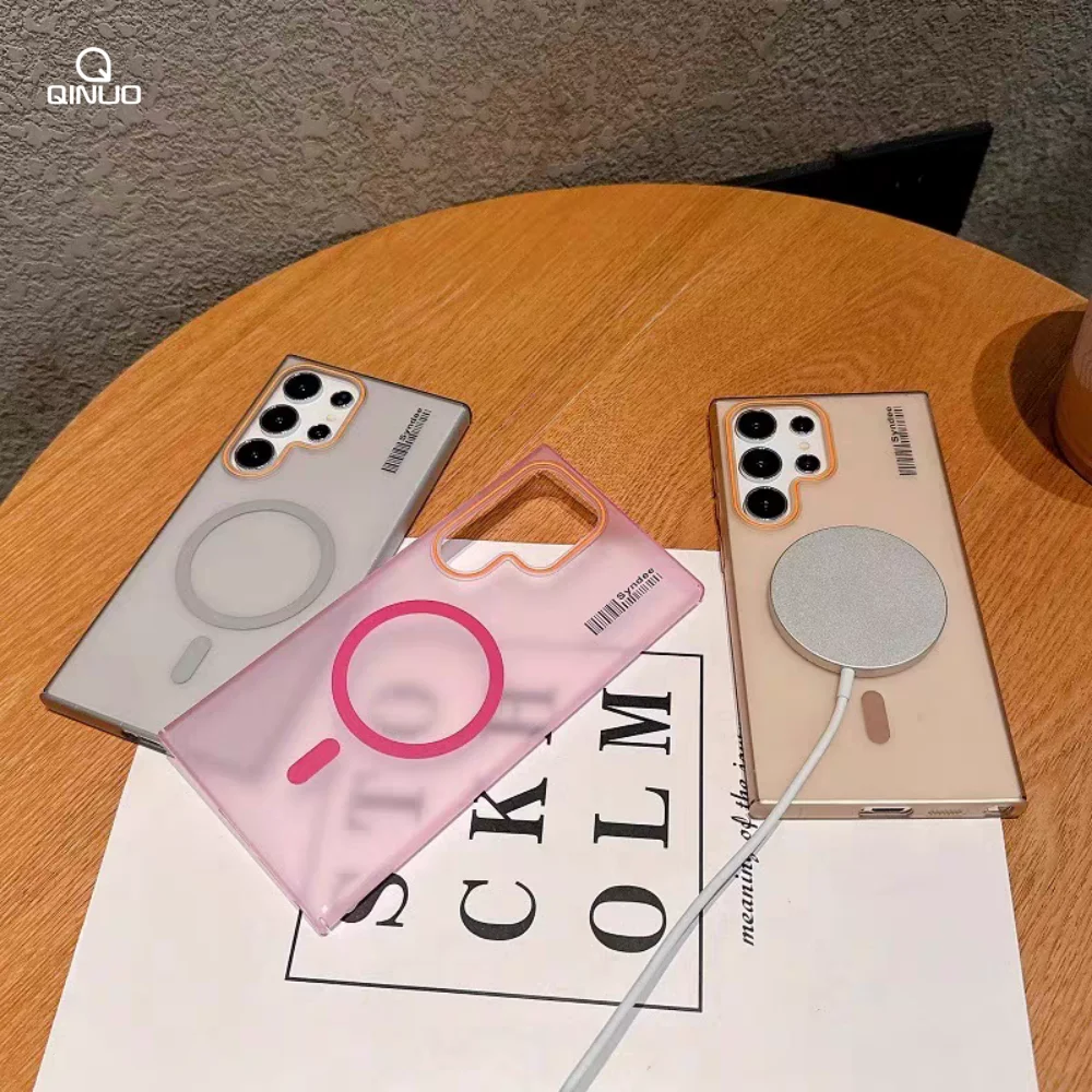 حافظة هاتف مغناطيسية بسيطة وشفافة Magsafe لهاتف سامسونج جالاكسي S 25 24 23 Ultra Plus FE A55 36 16 غطاء صلب للشحن اللاسلكي