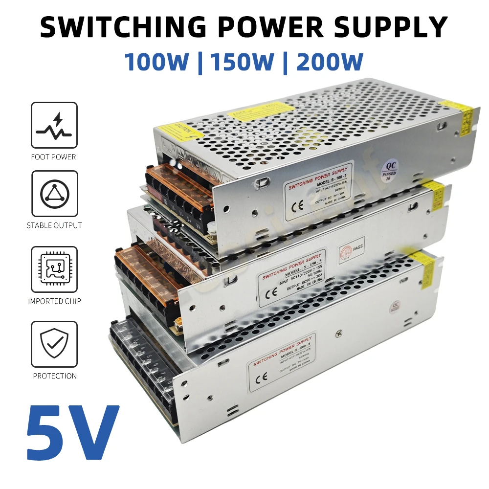 5V DC Switching Power Supply 100W 20A 150W 30 200W 40A AC 110V/220V No Fan/Silent for LED Strip Monitoring Industrial Equipment
