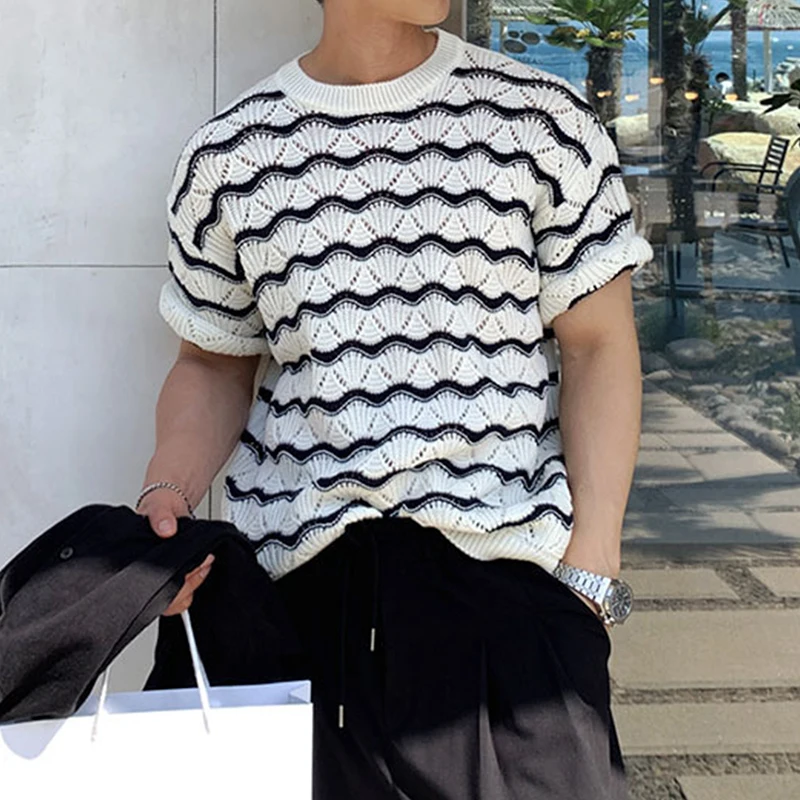 Trendy Striped Jacquard Mens T Shirts Knitted O Neck Short Sleeve Hollow Out Knit T-shirts Summer Fashion Slim Men Knitted Tees