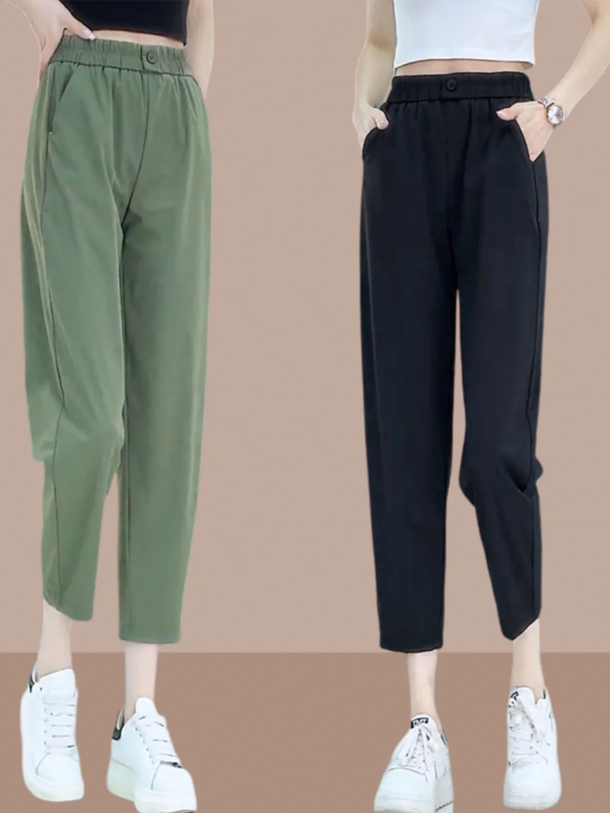 Ice Silk Sports Pants Women's Summer Thin New Version Slim Fit High Waist Quick Dry Casual Pants Nine Points Cuffed Casual Tr...
