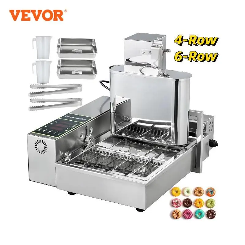 VEVOR Commercial 4/6 Rows Automatic Donut Making Machine Stainless Steel Auto Doughnut Maker Fryer Cooking Kitchen Appliances