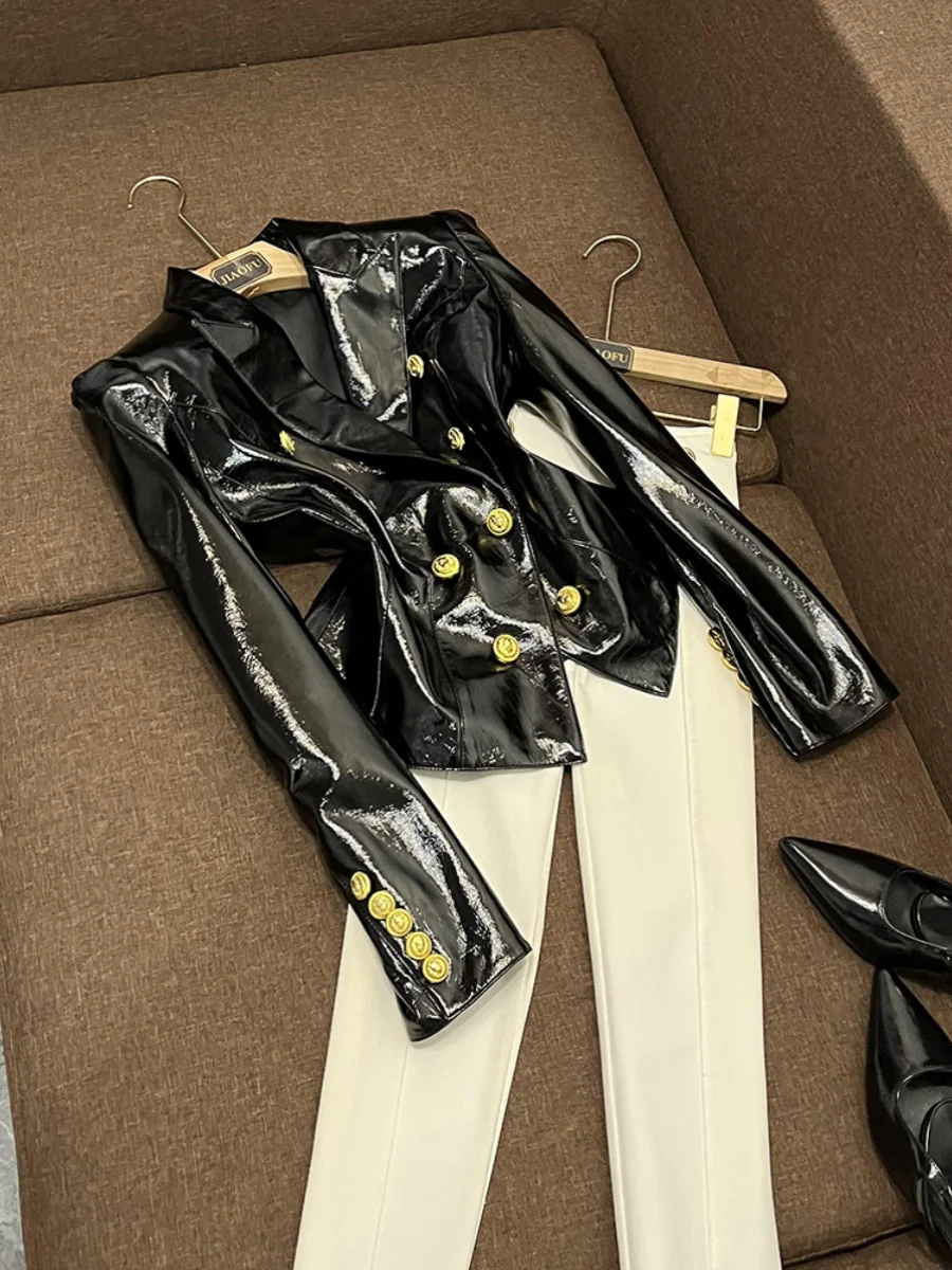 

Bla PU Leather iny Surface Slim Fit oulder Bump Маленький костюм с талией Темперамент Трансграничный топ Модный B267JF