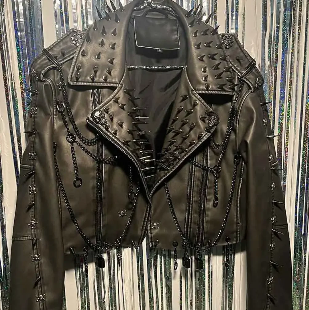 Women's Y2K Goth Black PU Leather Jacket with Spikes Gothic Boho