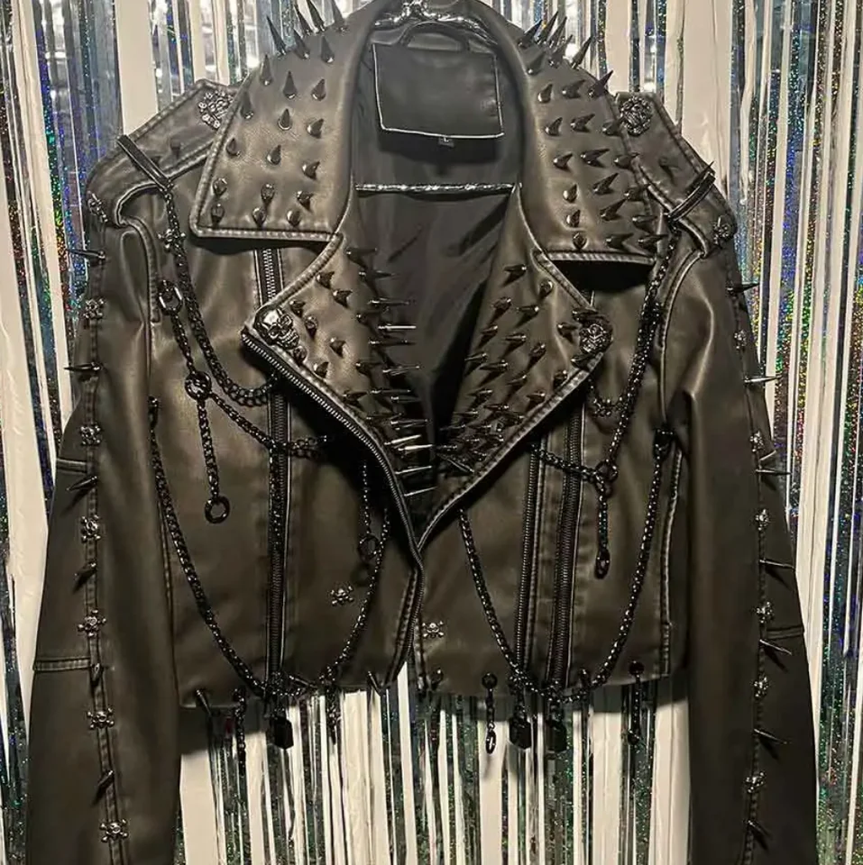 Women's Y2K Goth Black PU Leather Jacket with Spikes Gothic Boho