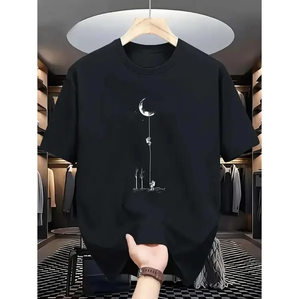 Camiseta de algodón de manga corta, cómoda y elástica, con estampado de aterrizaje en la luna, camiseta informal de estilo urbano con cuello redondo para hombre, color negro, burdeos, verde oscuro, azul, gris