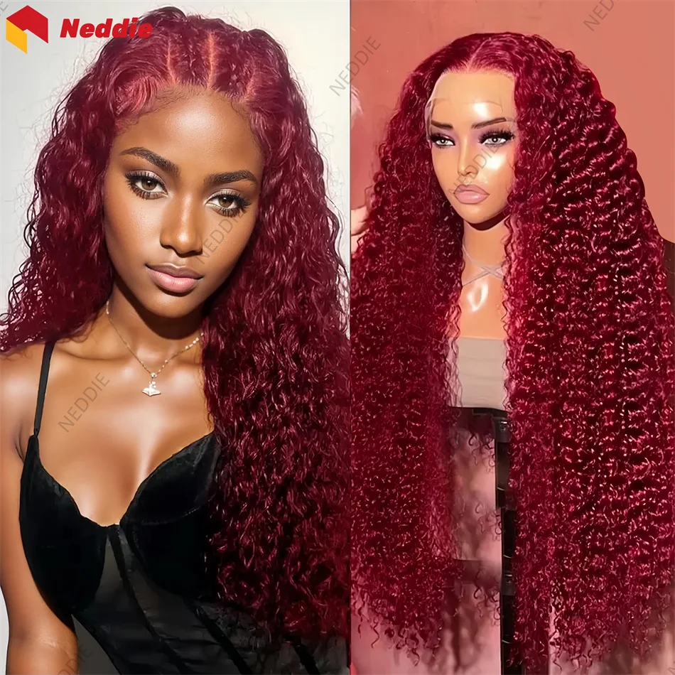 

Deep Wave 13x6 Lace Front 99j Burgundy Wig 13x4 Long Transparent Neddie Preplucked Curly Lace Frontat Human Hair Wigs For Women