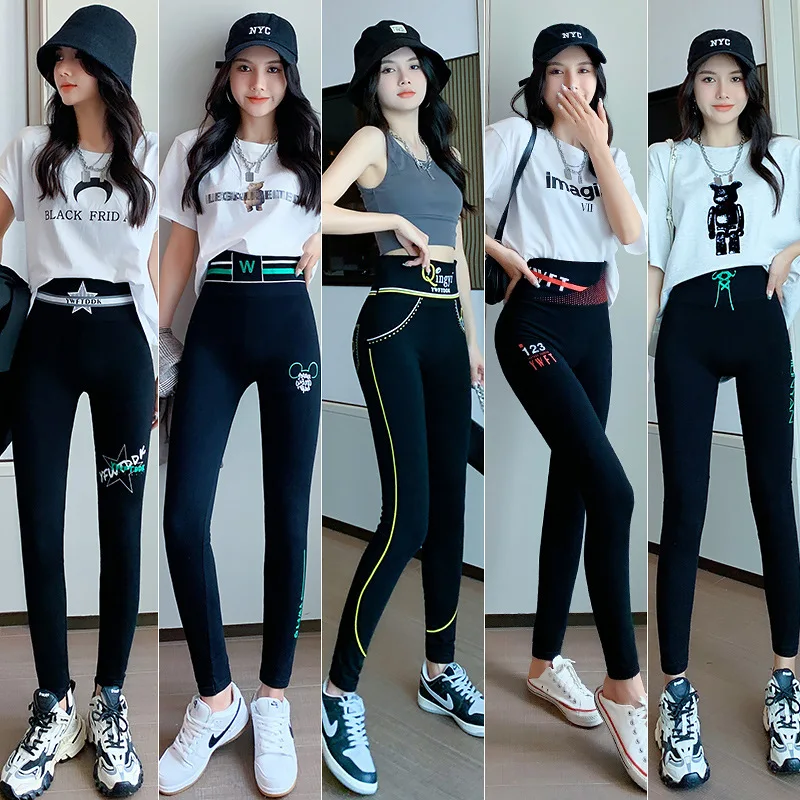 

Тонкие брюки для йоги с высокой талией, женские спортивные девятиточечные облегающие брюки для велоспорта на открытом воздухе, корейские брюки с базовым слоем