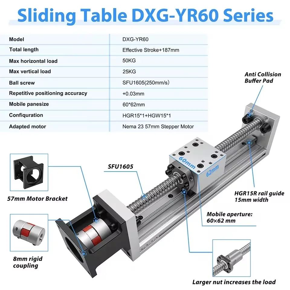 XYZ Axis BallScrew Sliding Table 0.03mm Accuracy 60mm Width Gantry Linear Stage Nema23 57 Motor Driver for CNC Machining Equipme