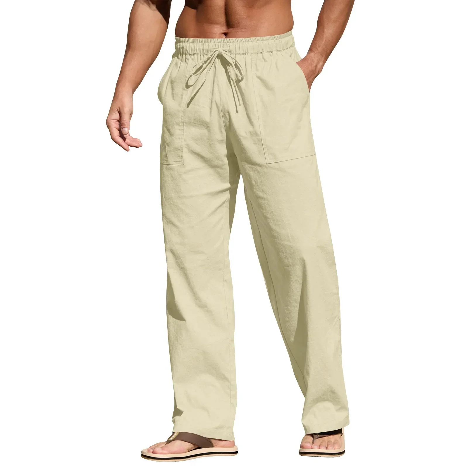 Lente en zomer heren katoen mode vrije tijd effen kleur ademend broek met rechte pijpen outdoor reizen vakantie strandbroek