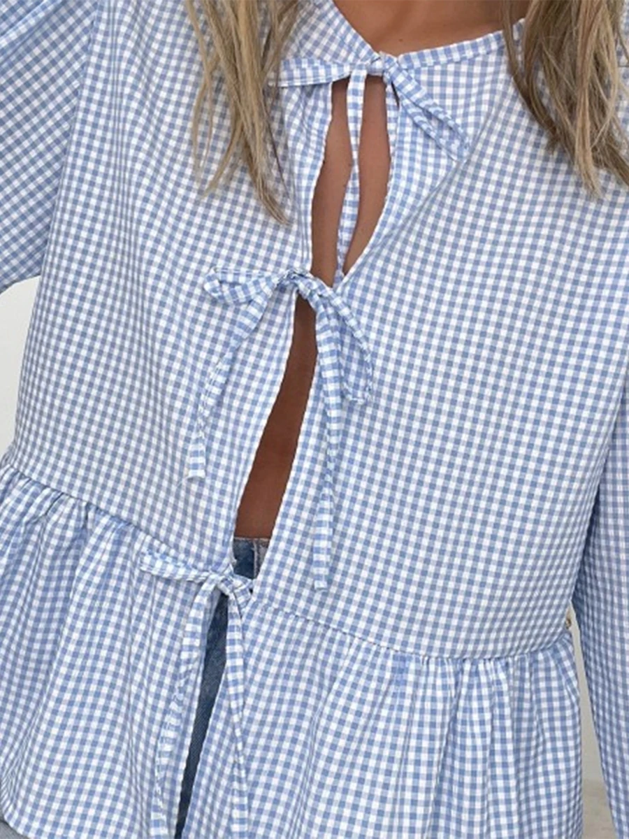 Women Long Sleeve Shirts Plaid Front Three Bowknot Tie-Up Open Front Blouses Fashion Summer Casual Tops