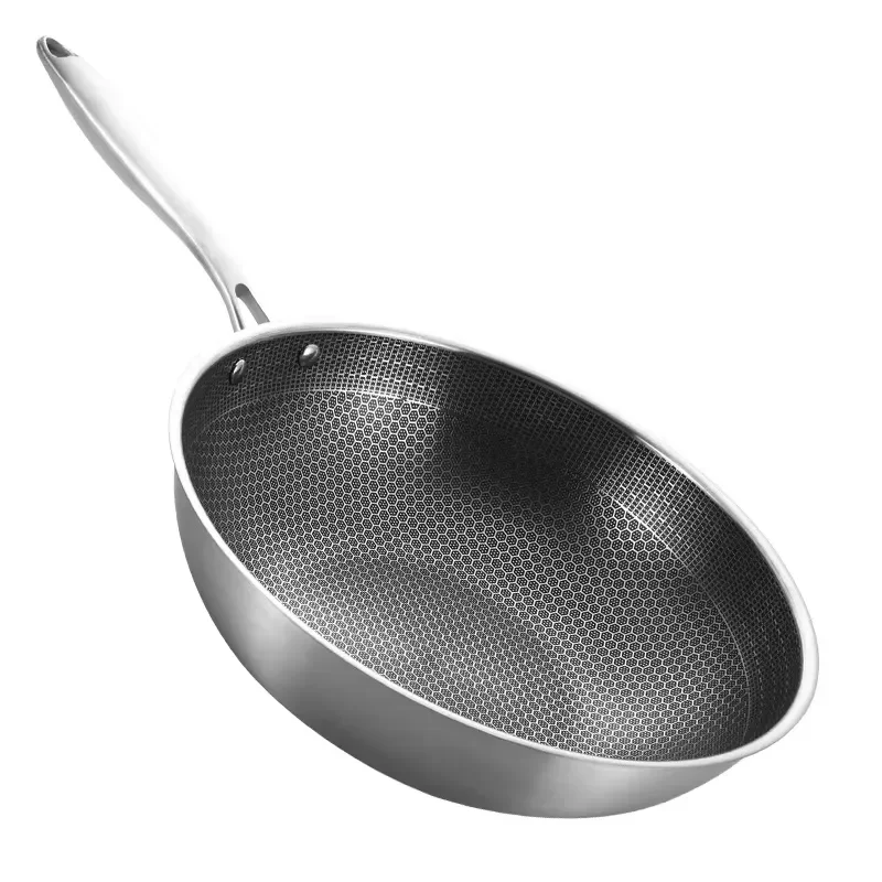 Uncoated Stainless Steel Wok with Glass Cover 32cm 34cm Eco Friendly for Induction Cooker and Gas Stove