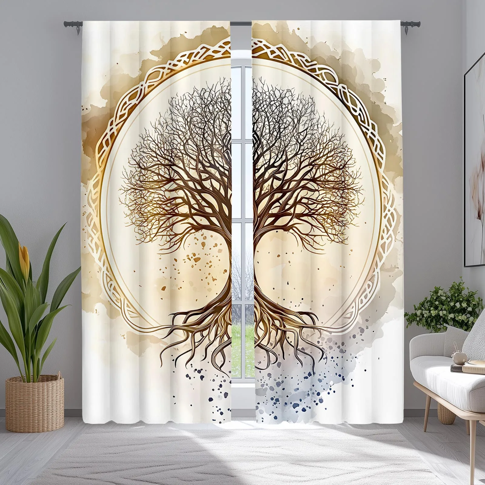 Celtic Tree of Life Curtains Golden Art Window Drapes Nature Design Home Decor Spiritual Theme Living Room