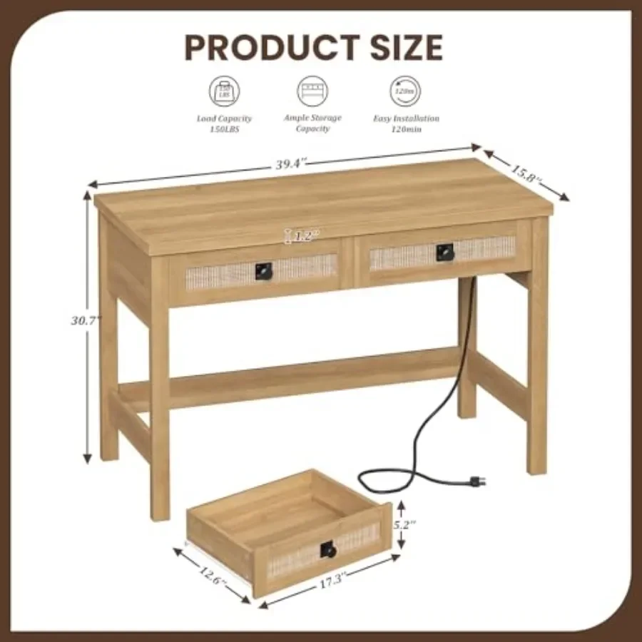 Rattan computer desk for small spaces with 2 drawers, 39-inch farmhouse boho vanity desk in natural brown, featuring power outl