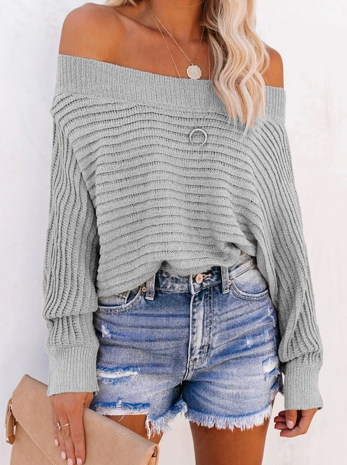 

2023 Autumn Winter Fashion Loose Pit Striped Bat Sleeve Off Shoulder Sexy Temperament Commuting Knit Pullover Sweater for Women