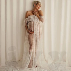 Vestido de fotografía para mujeres embarazadas, conjunto de dos piezas de malla transparente con tachuelas, lentejuelas y perlas, accesorios de fotografía de maternidad