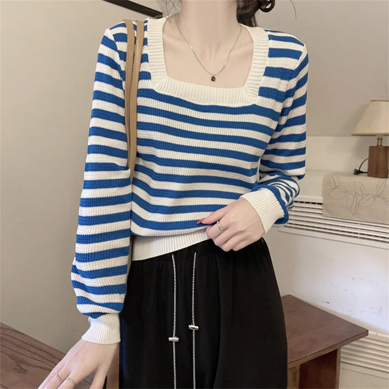 New style Korean version stripe Square Collar Women Knitted shirt Long sleeved Unique Pullover casual top Youth Elegant