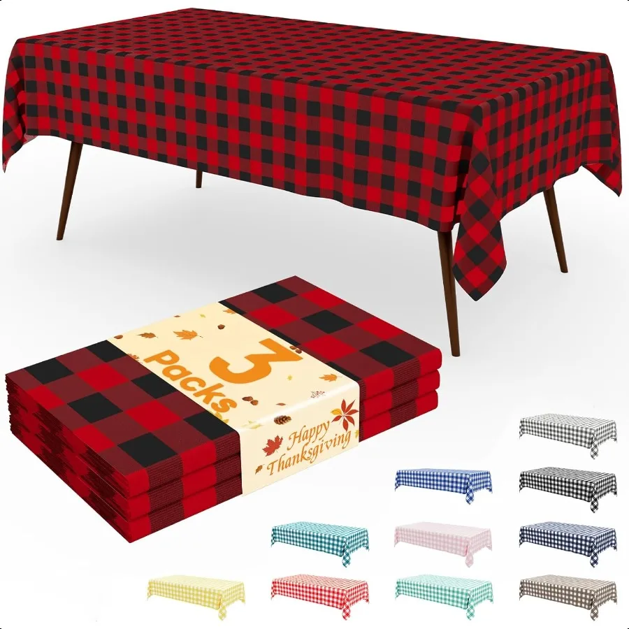 

3 Packs Gingham Table Cloth 54 x 108 Inch Waterproof Plastic Tablecloth Rec Black and Red Checkered Table Covers for Picnic Bi