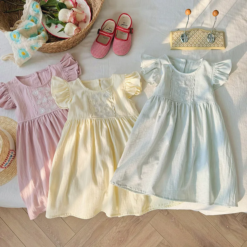 

Floral Delicate Embroidery Girls' Dress Children's Clothing2025Summer Cotton Small Flutter Sleeve Children's Princess Dress