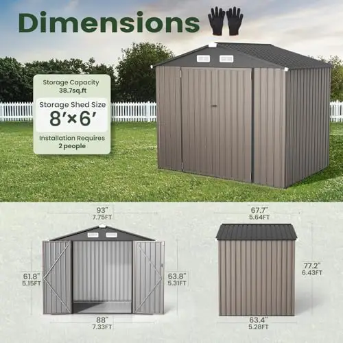 8x6 FT Outdoor Storage Shed, Full Size Metal Utility Shed (No Floor) | Lockable garden shed, reinforced sidewall girts