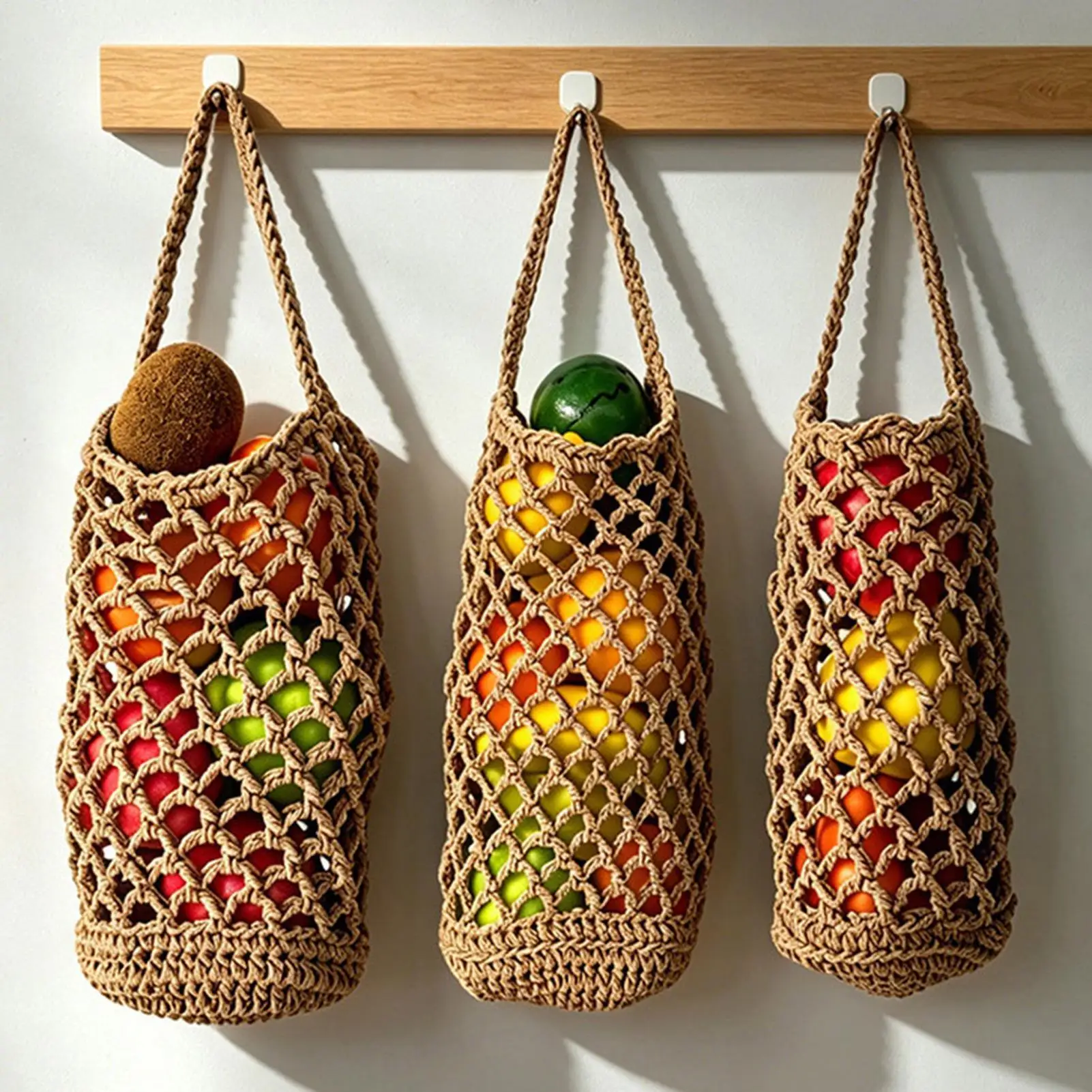 Boho Hand Woven Vegetable Storage Bag Reusable Cotton Mesh Produce Sack Wall Hanging Potato Onion Holder For Kitchen Pantry