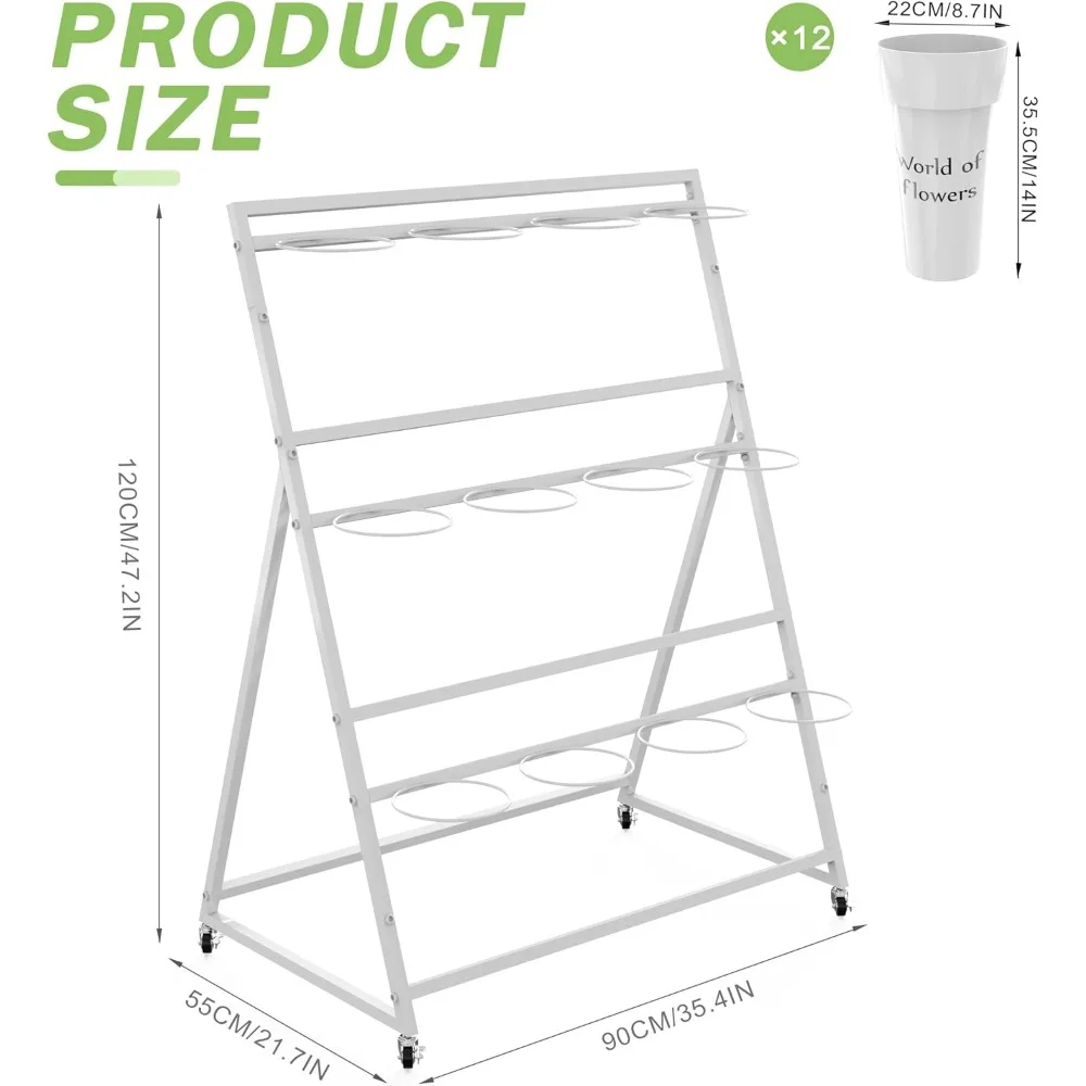 حامل زهور معدني من ثلاث طبقات مع 12 دلوًا، عربة زهور متنقلة بيضاء لعرض الباقات #2