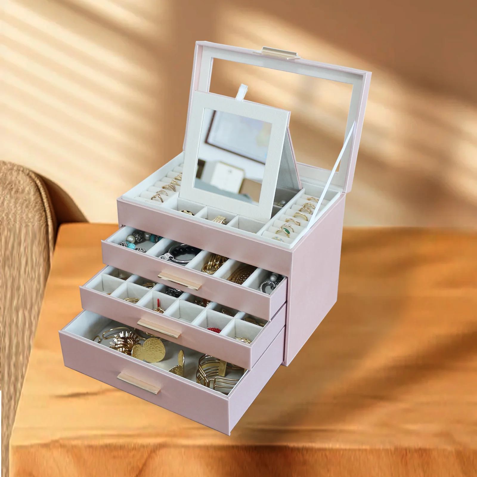 

Velvet Jewelry Storage Box with 4 Drawers Clear Lid Organizer for Necklace Ring Bracelet Earring Display For Case