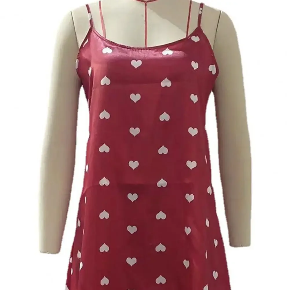 Sexy Women Nightdress Heart Print Pullover Comfortable Satin Smooth Surface Women Nightwear Sleeping Sleepwear image 5