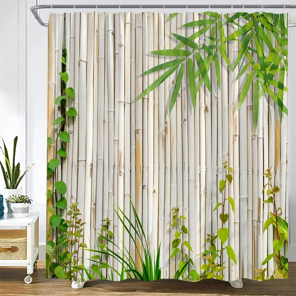 Brown Bamboo Shower Curtains Green Leaves Plant Spring Garden Scenery Wall Hanging Modern Fabric Bathroom Decor Bath Curtain Set